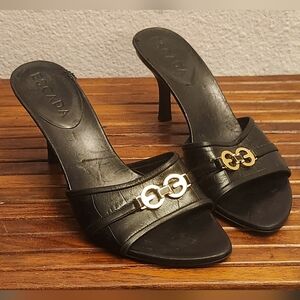 Escada Black Leather Heels with Gold Accent